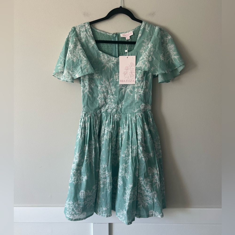 Mia Eliza Floral Smocked Back Mini Dress Sage Green Cottagecore Tea Dress XS NWT